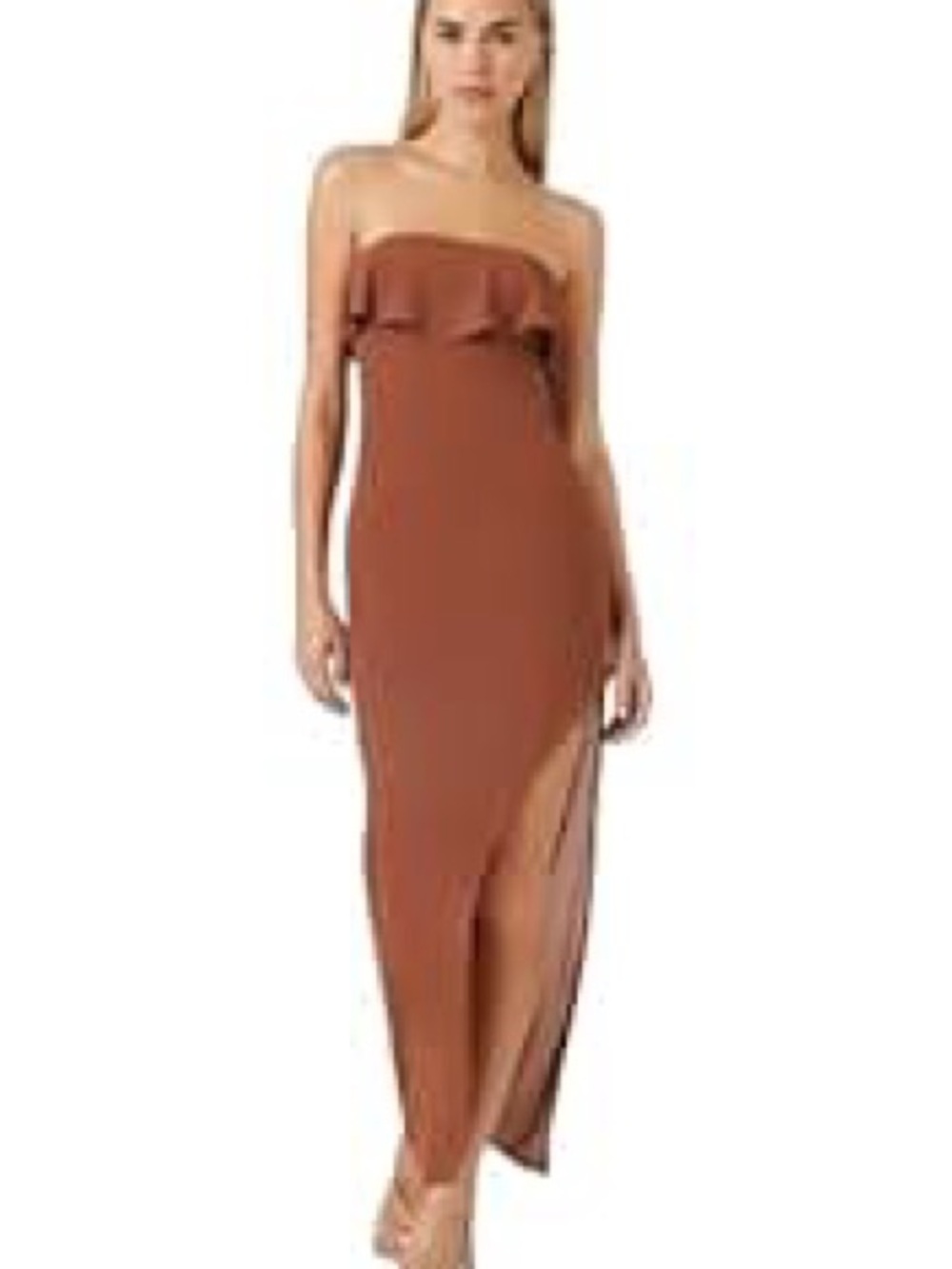 Forever 21 Strapless Ruffle Maxi Dress in Rust Brown
